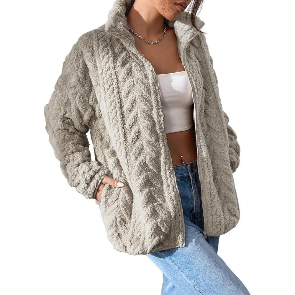 Women's Khaki Fleece Jacket 2026 Zipper Stand Collar Casual Coats with Pockets